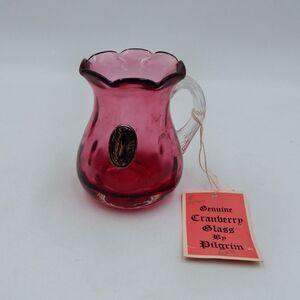 Pilgrim Glass Handblown Cranberry Vase Pitcher Applied Clear Handle 4 Inch Tags